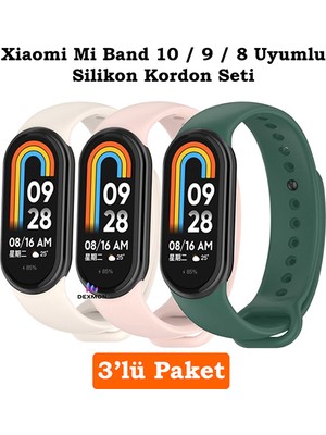 Xiaomi Mi Band 8 Mi Band 9 Mi Band 10 Uyumlu 3lü Paket Silikon Kordon Bileklik Metal Pimli