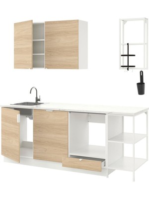 Mutfak Dolabı Kombinasyonu, Beyaz-Meşe Görünümlü, 223X63.5X222 cm