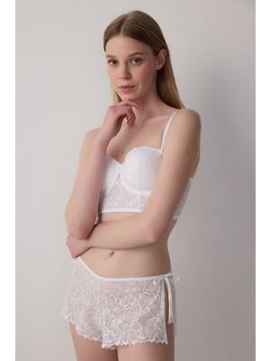 Kırık Beyaz Çiçekli Dantelli Push Up Gelin Crop Büstiyer