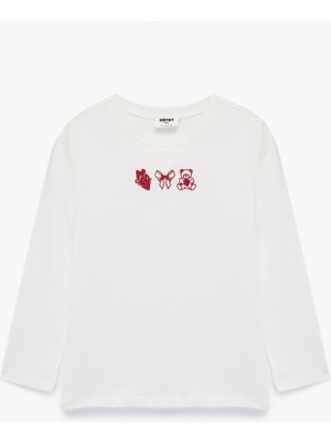 Pamuklu Uzun Kollu Bisiklet Yaka Nakışlı Tişört