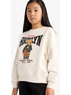 DeFacto Relax Fit Bisiklet Yaka Baskılı İçi Yumuşak Tüylü Sweatshirt Kız Çocuk E6780A825WN