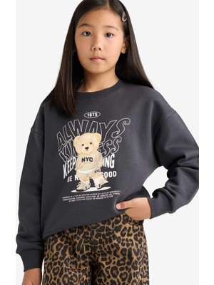 DeFacto Relax Fit Bisiklet Yaka Baskılı İçi Yumuşak Tüylü Sweatshirt Kız Çocuk E6780A825WN