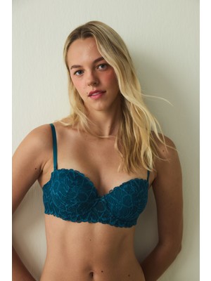 Petrol Yeşili Pop Up Dantelli Balenli Push Up Sütyen