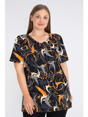 Intensive Collection Siyah Desenli Kadın Büyük Beden Kısa Kollu Pamuklu T-Shirt Bisiklet Yaka