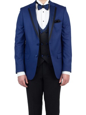 Lacivert Gabardin Mono Yaka Astarlı Yelekli 6 Drop Slim Fit Dar Kesim Smokin Damatlık 1001190153