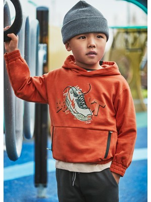 Mayoral 4-10 Yaş Erkek Çocuk Turuncu Kapüşonlu Baskılı Sweatshirt ve Siyah Eşofman Altı Takımı