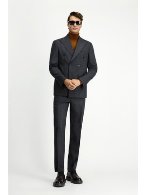 Kiğılı 7 Drop Slim Fit Dar Kesim Yünlü Çizgili Kruvaze Takım Elbise