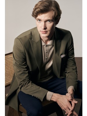 Haki Kılıç Yaka Astarlı Çift Yırtmaç Pamuklu 6 Drop Slim Fit Classic Kruvaze Ceket 1002255113