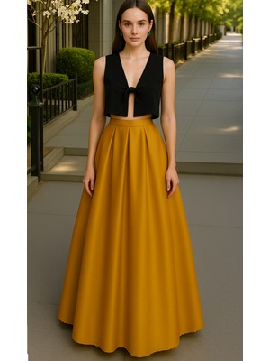 Kadın Gold Cepsiz Pileli A-Line Abiye Etek