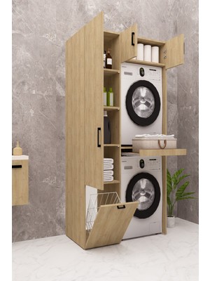 Demirbal Mobilya Mdf Çamaşır Makinesi ve Kurutma Makinesi Dolabı Kirli Sepetli Ahşap Lefkas Meşe