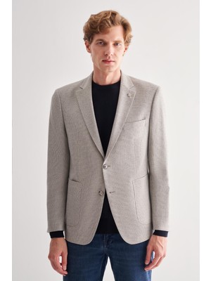 Gri Mono Yaka Desenli Örme Astarlı Çift Yırtmaç Esnek 4 Drop Comfort Fit Classic Ceket 1002255112