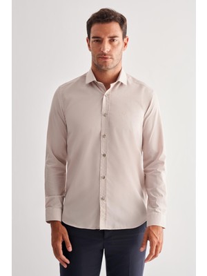 Koyu Bej Yarım Italyan Yaka Uzun Kol Slim Fit Pamuklu Gömlek 1004255180