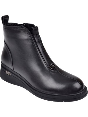 Beety Hakiki Deri Önü Lastikli Dolgu Taban Kadın Bot BEE-5068   Siyah