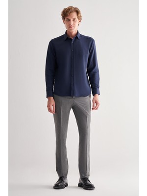 Koyu Lacivert Perfetto Düğmeli Yaka Uzun Kol Cepsiz Slim Fit Cls Gömlek 1004255173