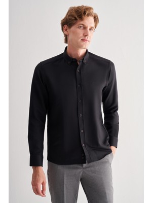Siyah Perfetto Düğmeli Yaka Uzun Kol Cepsiz Slim Fit Cls Gömlek 1004255173