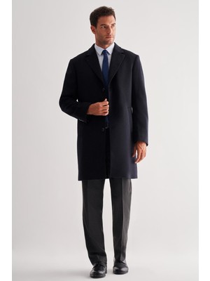 Koyu Lacivert Mono Yaka Palto Tam Astar Classic Comfort Fit Yünlü Kaşe Palto 1005255151