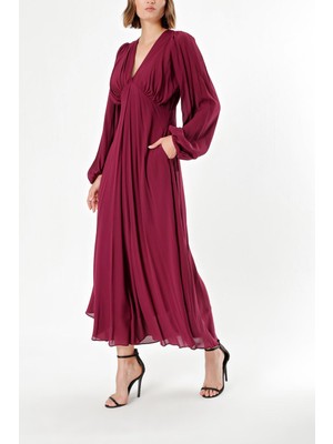 Bordo Büzgülü Elbise 93847