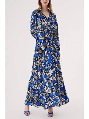 Mavi Anvelop Kapama Gömlek Yaka Uzun Elbise 94485