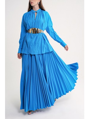 Mavi Beli Lastikli Piliseli Etek,bol Kesim Bluz ve Kemerli Üçlü Takım 12304