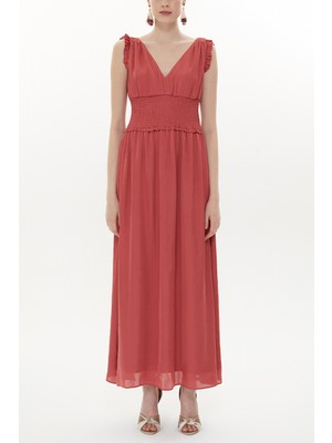 Kırmızı Beli Lastikli V Yaka Kolsuz Uzun Elbise 93348