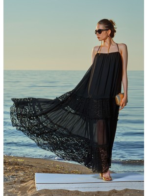 Siyah Askılı Bol Kesim Dantel Elbise 93555