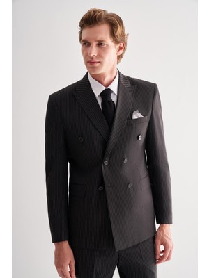 Siyah Kılıç Yaka Tam Astar 6 Drop Slim Fit Esnek Kruvaze  Takım Elbise 1001255152