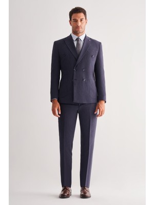 İmza Lacivert Kırlangıç Yaka Çizgili Kruvaze 6 Drop Slim Fit Tam Astar Esnek Takım Elbise 1001255155