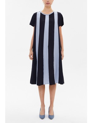 Lacivert Kontrast Renkli Bol Kesim Midi Elbise 92809