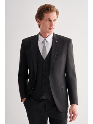 Siyah Mono Yaka Tam Astar 6 Drop Slim Fit Esnek  Yelekli Takım Elbise 1001255151