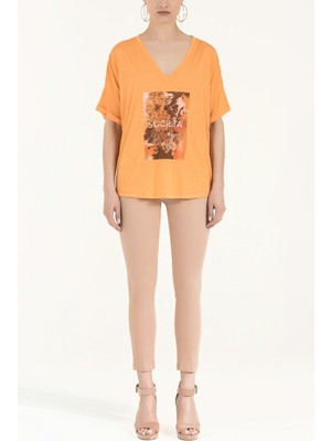 Turuncu Baskılı V Yaka Bluz 19583