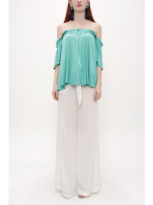 Yeşil Lastikli Düşük Omuz Örme Bluz 19702