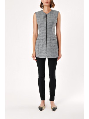 Siyah Beyaz Fermuarlı Slim Fit Yelek 61154