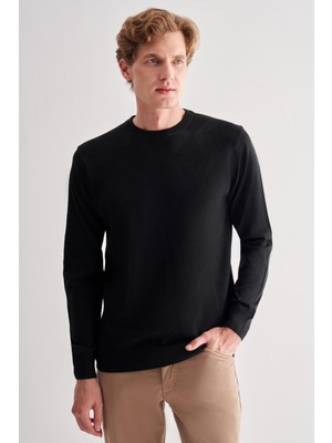 Siyah Bisiklet Yaka Uzun Kol Cepsiz Comfort Fit Classic Yünlü Triko Kazak 1012255207