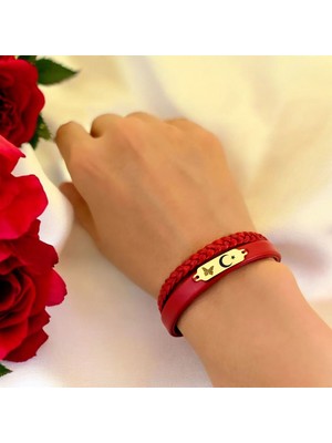 14 Ayar Altın Plakalı Ay Yıldız Temalı Koyu Kırmızı Derili Kelebek Motifli Hediye BILEKLIK-677