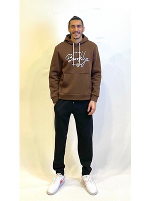 Erkek Kapşonlu Rahat Kalıp Içi Polarlı 3 Iplik El Yazılı Brooklyn Baskılı Sweatshırt SPR24SW16
