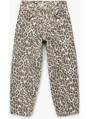Pamuklu Rahat Kalıp Leopar Desenli Balon Form Denim Pantolon