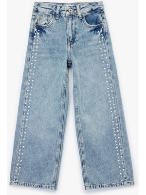 Pamuklu Rahat Kesim Zımba Detaylı Geniş Paça Denim Pantolon