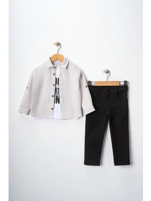 Erkek Çocuk Kolu Ayarlanabilir Gömlekli Pantolonlu Baskılı Tişörtlü Üçlü Spor Takım