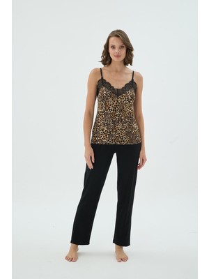 Kadın Leopar Desenli Ince Askılı Dantel Detaylı Siyah Alt Pijama Takımı C1T2N371