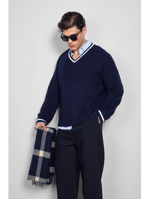 Erkek V Yaka Oversize Kontrast Detaylı Kazak Lacivert