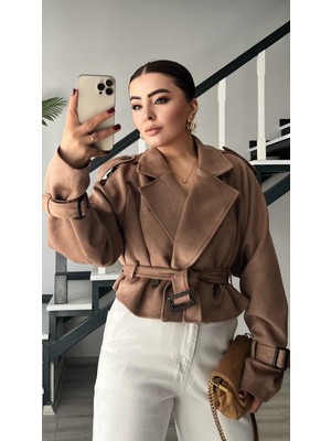 Vizon Süet Omuz Apoletli Kuşaklı Trençkot