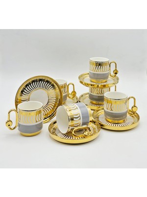 By Como Lüx Gri-Gold Vintage Porselen Kahve Fincan 12 Parça & 6 Kişilik