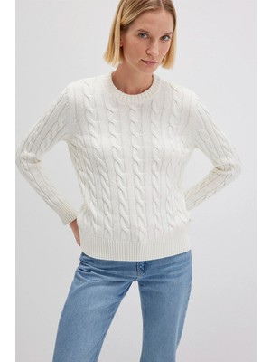 Mavi İpek Karışımlı Bisiklet Yaka Ekru Kazak 1710721-70057