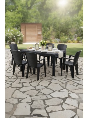 Side 6 Kişilik Rattan Masa Sandalye Takımı Siyah