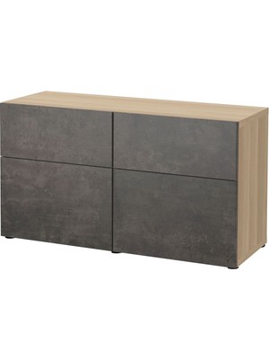 Dolap Kombinasyonu, Ağartılmış Meşe Görünümlü-Koyu Gri Taş Görünümlü, 120X42X65 Cm, Kallvıken, Fren Raylı