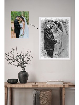 Kişiye Özel Sketch Stil Çerçeve, Karakalem Görünümlü Lamine Çerçeveli Fotoğraf Baskı Tablo