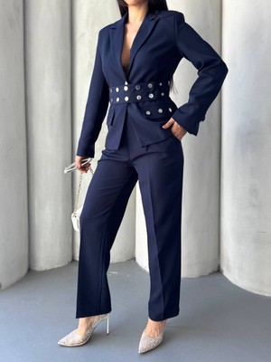 Kadın Zımba Kemerli Ceket ve Pantolon Ikili Takım