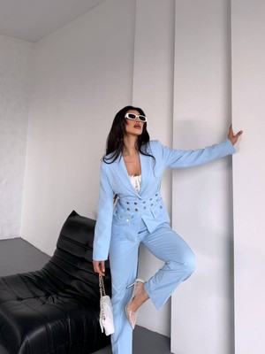 Kadın Zımba Kemerli Ceket ve Pantolon Ikili Takım