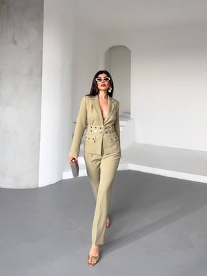 Kadın Zımba Kemerli Ceket ve Pantolon Ikili Takım