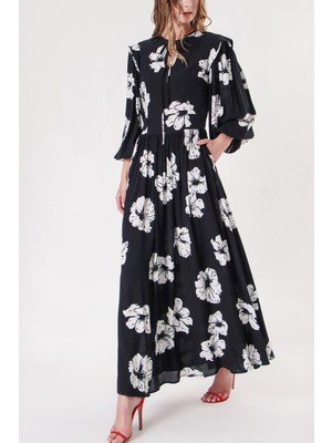 Siyah Balon Kollu Pens Detaylı Elbise 94234